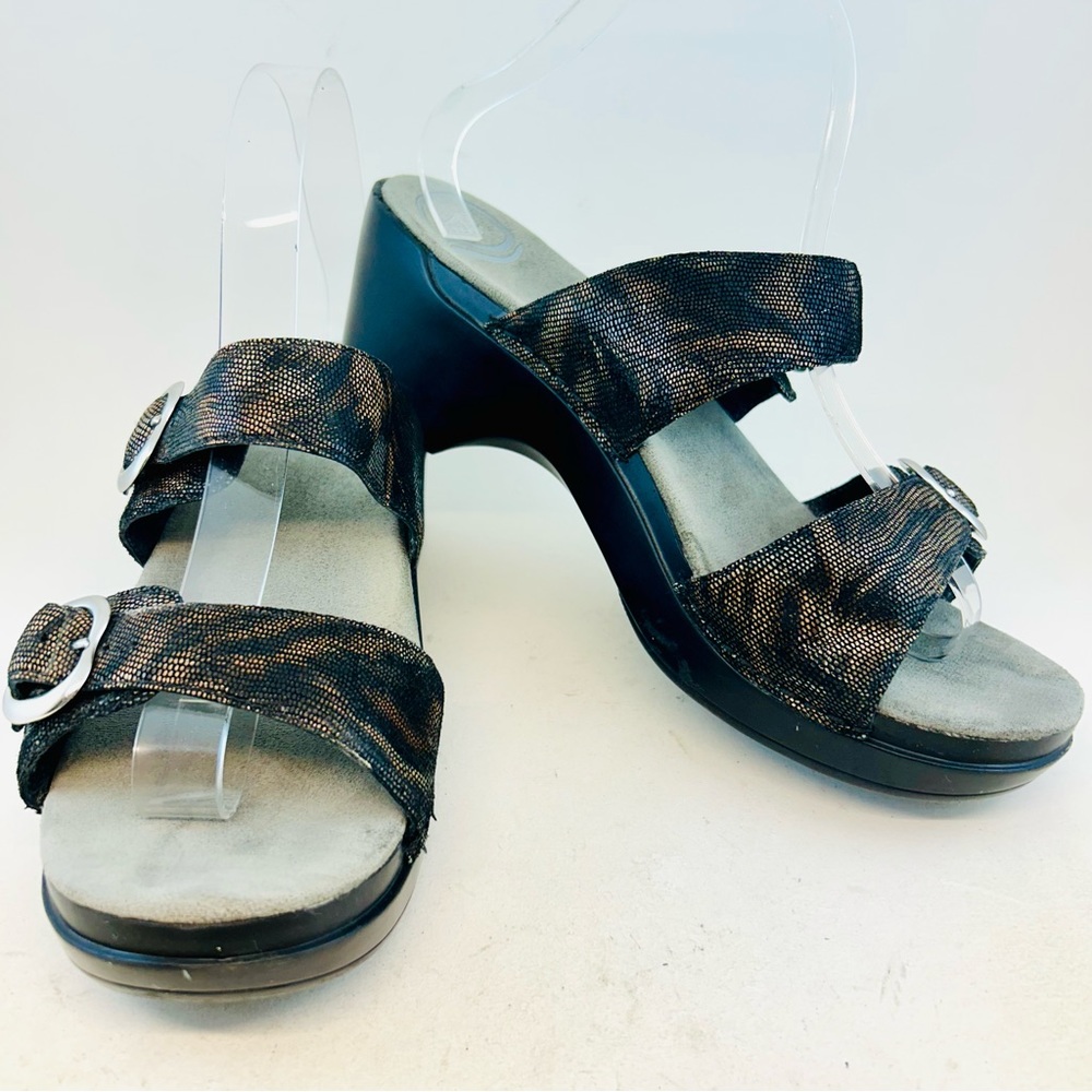 Dansko Black Brown Coffee Swirl Shiny Sophie Buckle Sandals size 41 10.5 11